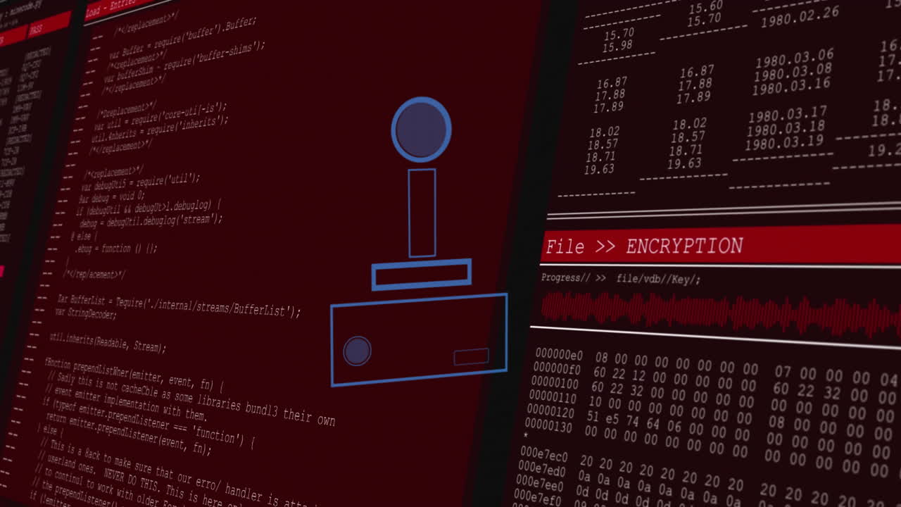 Data visualization and digital encryption process with coding on red background