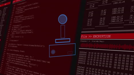 data visualization and digital encryption process with coding on red background