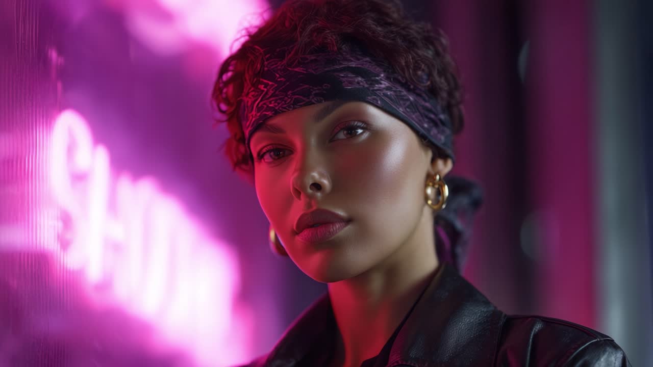 A Confident Individual with Stylish Accessories Poses Against a Neon-lit Background, Exuding Charisma and Attitude in a Distinctive Fashion Statement