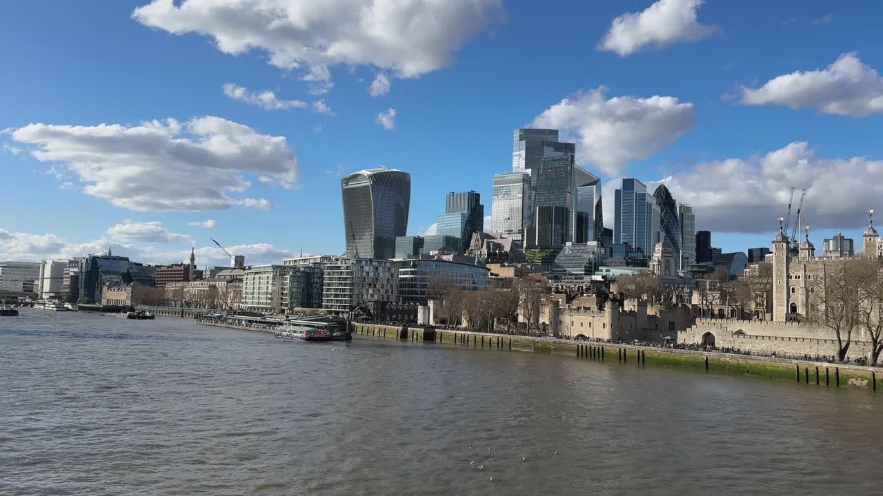 City skyline with river in foreground under a clear blue sky