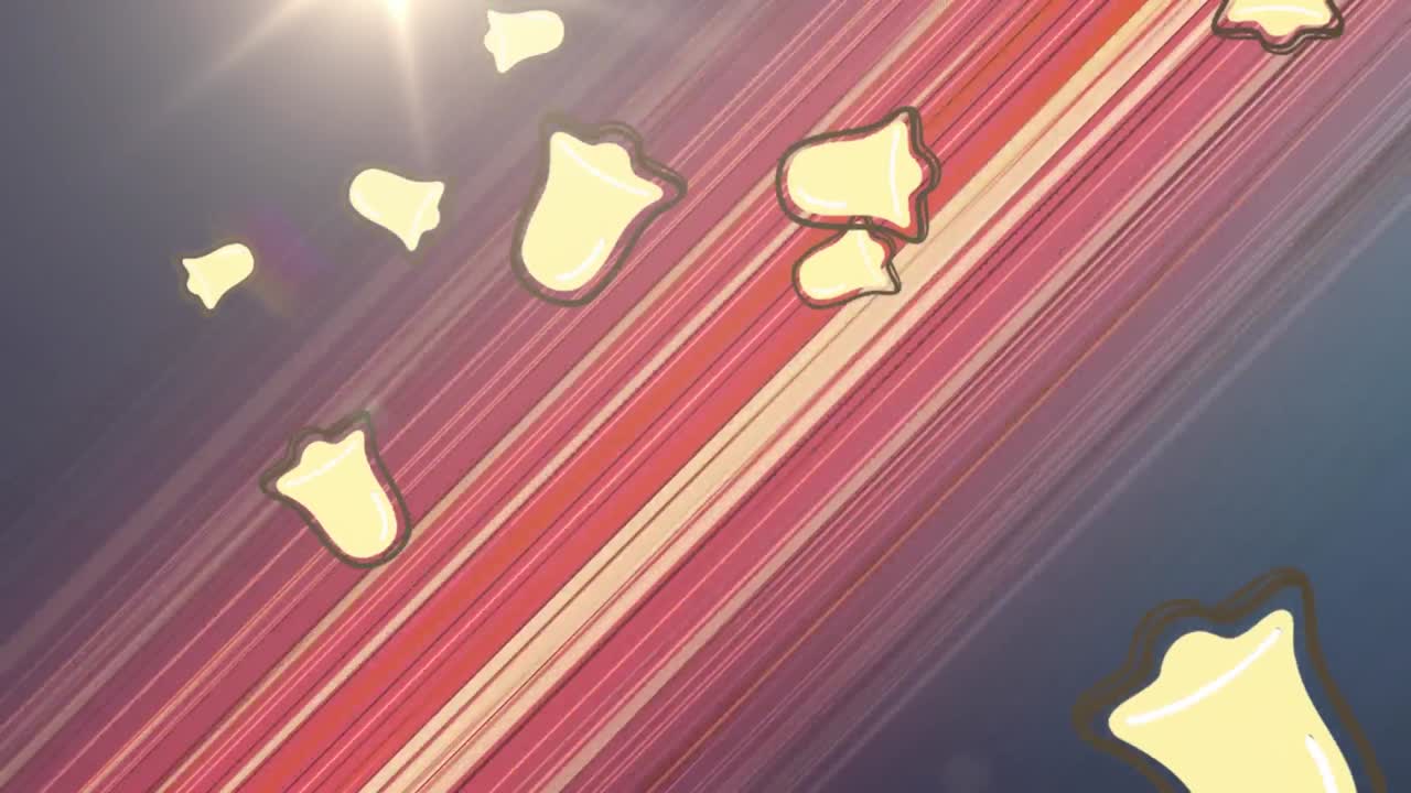 여러 개의 크리스마스 벨 아이콘이 파란색 배경의  ⁇ 은 빛 트레일에 떨어지고 있습니다.