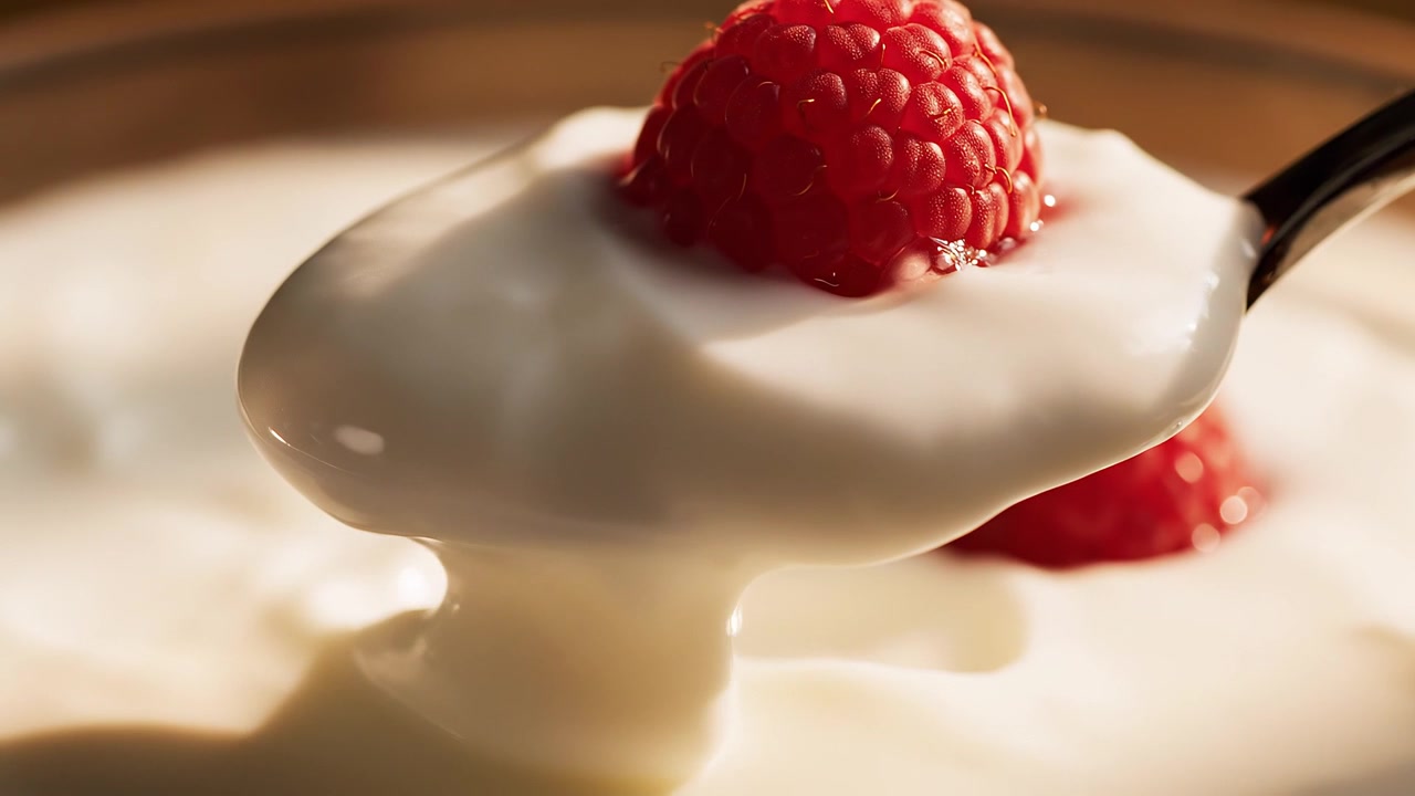 Spoonful of thick white yogurt topped with a ripe raspberry