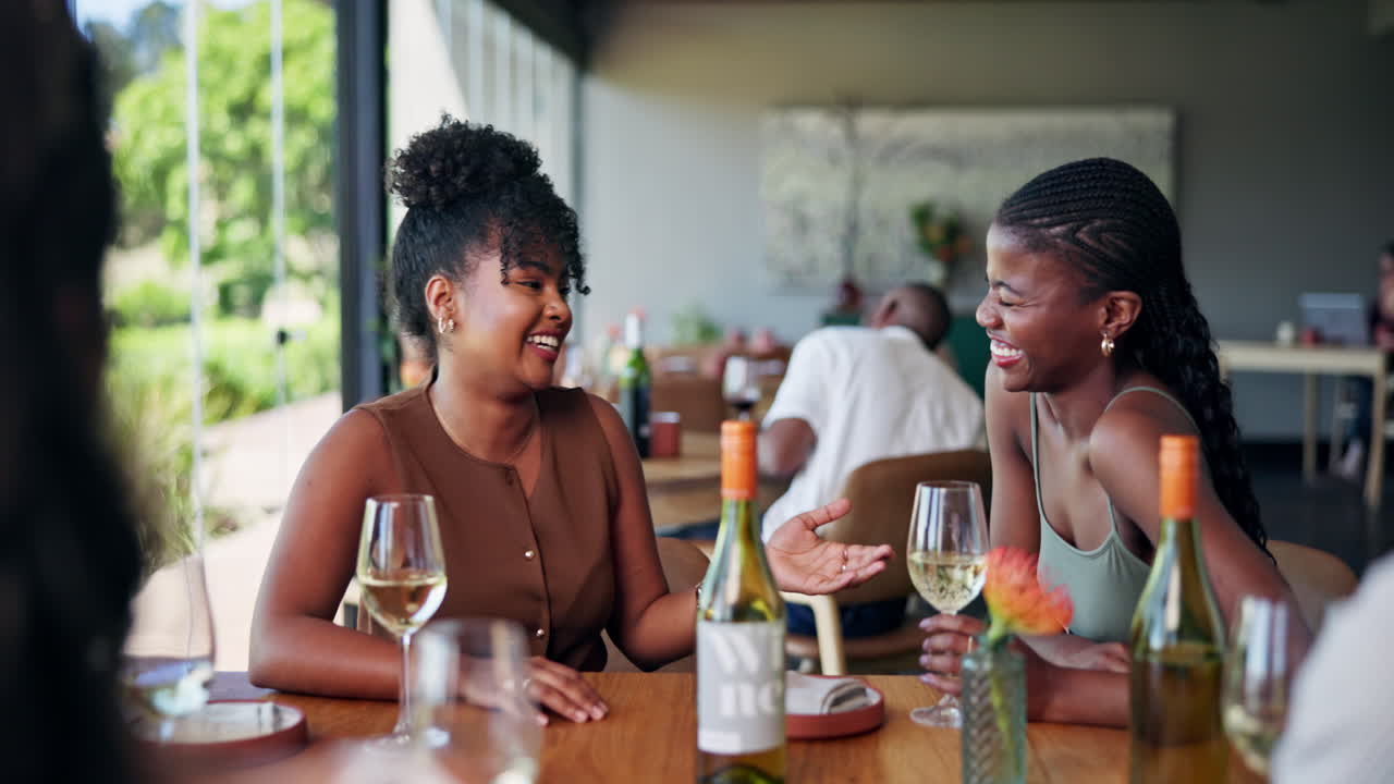Two Happy Women Toasting and Laughing with Wine at a Restaurant