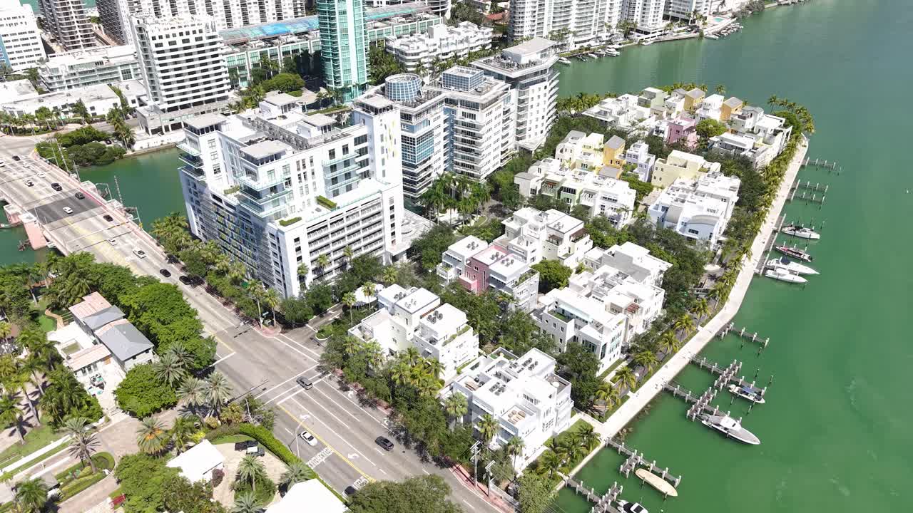Aerial View of Allison Island and Miami Beach Florida USA, Waterfront Condominiums, Buildings and Traffic