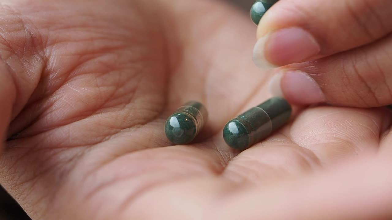 Primo piano di una mano che tiene e raccoglie capsule verdi.