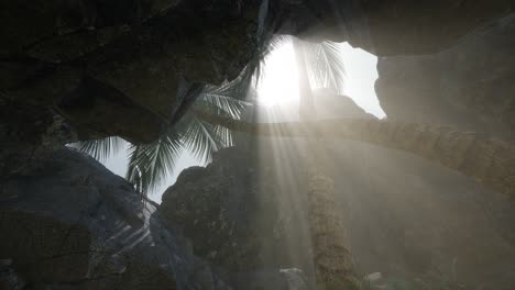 big palms in stone cave with rays of sunlight