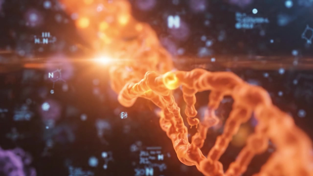 Una straordinaria esplorazione visiva della struttura del DNA e della complessità molecolare: svelando il codice genetico in una rappresentazione colorata e astratta di informazioni biologiche.