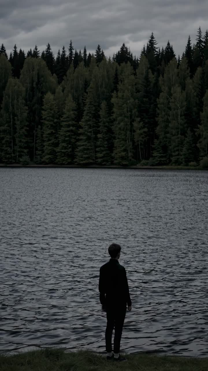 A moody video scene captures a person from behind, standing by a lake, with a forest backdrop