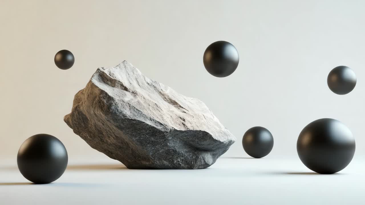 Abstract Minimalist Composition with Stone and Black Spheres