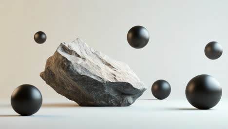 abstract minimalist composition with stone and black spheres