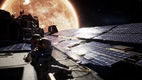 an awe-inspiring space odyssey: spacecraft and astronauts in front of a glorious celestial body, capturing the beauty of space exploration and innovation