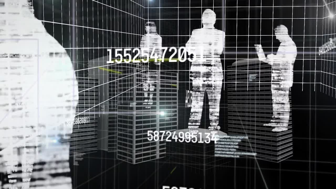 animación de procesamiento de datos y personas digitales sobre la ciudad sobre fondo negro