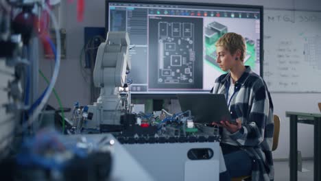 female startup developer holding laptop while working with robotic arm. woman looking at screen and programming bionic limb. high-tech science and research concept