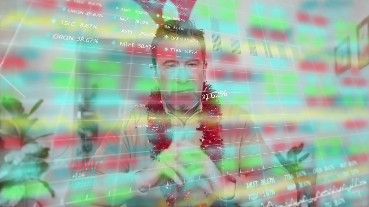 Male presenter sitting desk explaining finance as animated charts moving over him causing gesturing