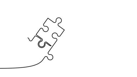 two connected puzzle pieces of one continuous line drawn. jigsaw puzzle element. 4k video with alpha channel.