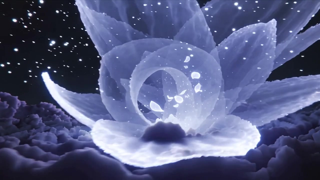 Descending comet impacting purple cloud rings, lotus bloom forming, petals expanding and orbiting