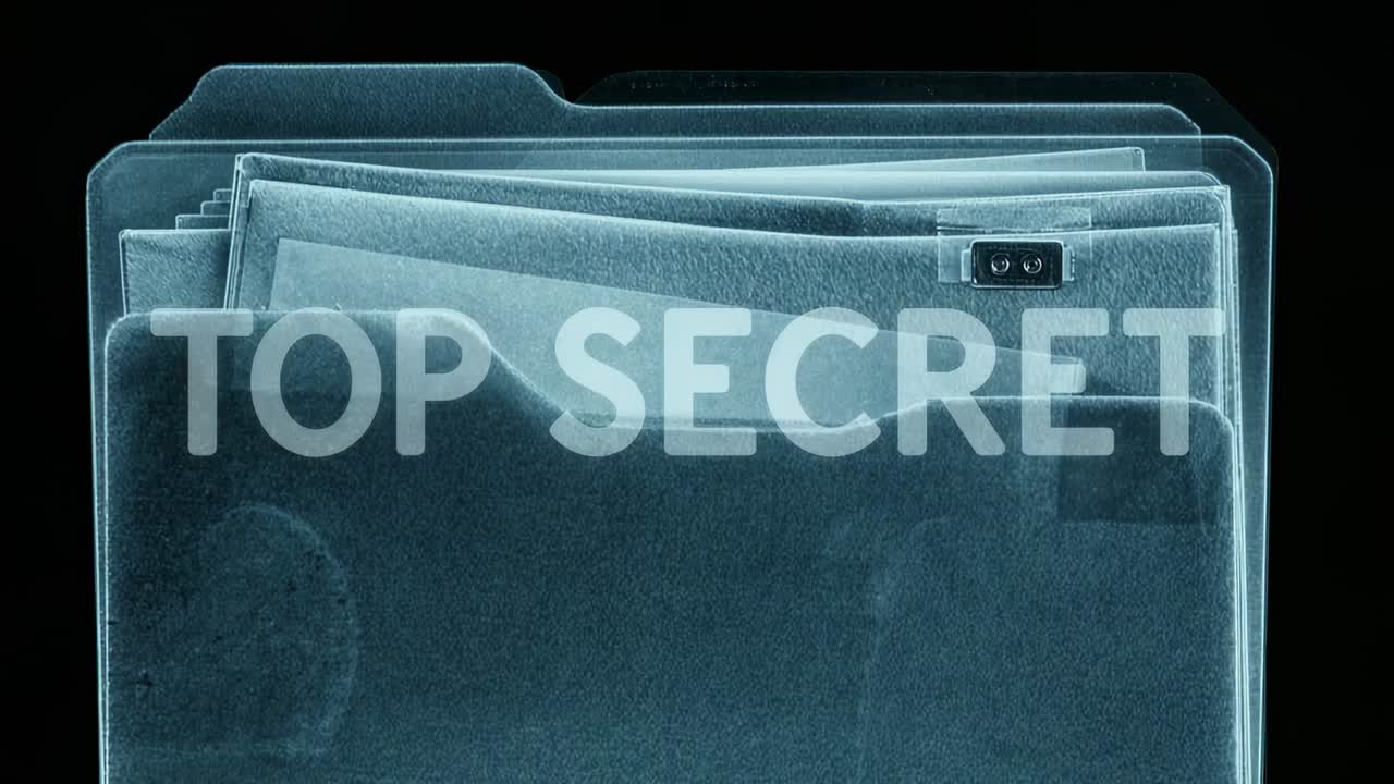 Pulsing cyan beams causing translucent folder showing TOP SECRET label on black, three alerts