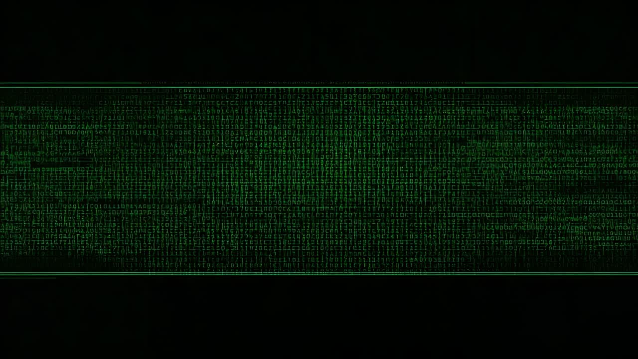 Moving green pulse from left-edge glowing across neon data band, revealing binary digits on HUD