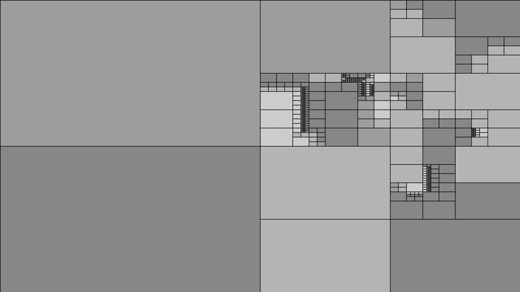 minimalist motion graphic of a dynamic quadtree decomposition process subdividing space into shifting grey geometric blocks, loopable animation