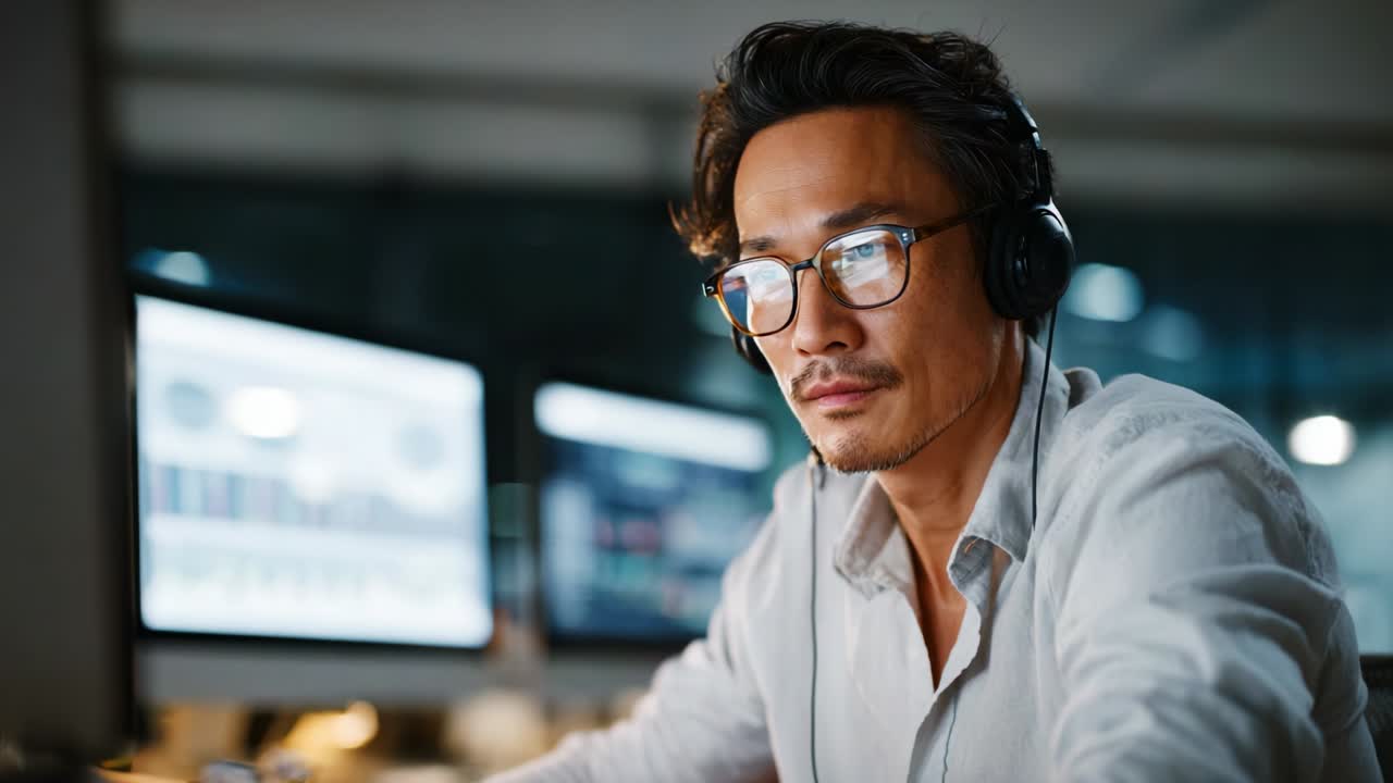 Focused Professional Analyzing Data on Multiple Screens While Wearing Headphones in a Modern Office Environment, Capturing the Essence of Concentration and Digital Work Lifestyle