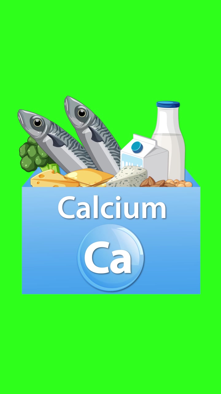 Animation éducative sur les sources alimentaires de calcium et son symbole chimique, avec des transitions fluides et un éclairage lumineux.