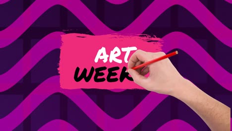 animation of hand with pen writing art week over navy and purple background with waves