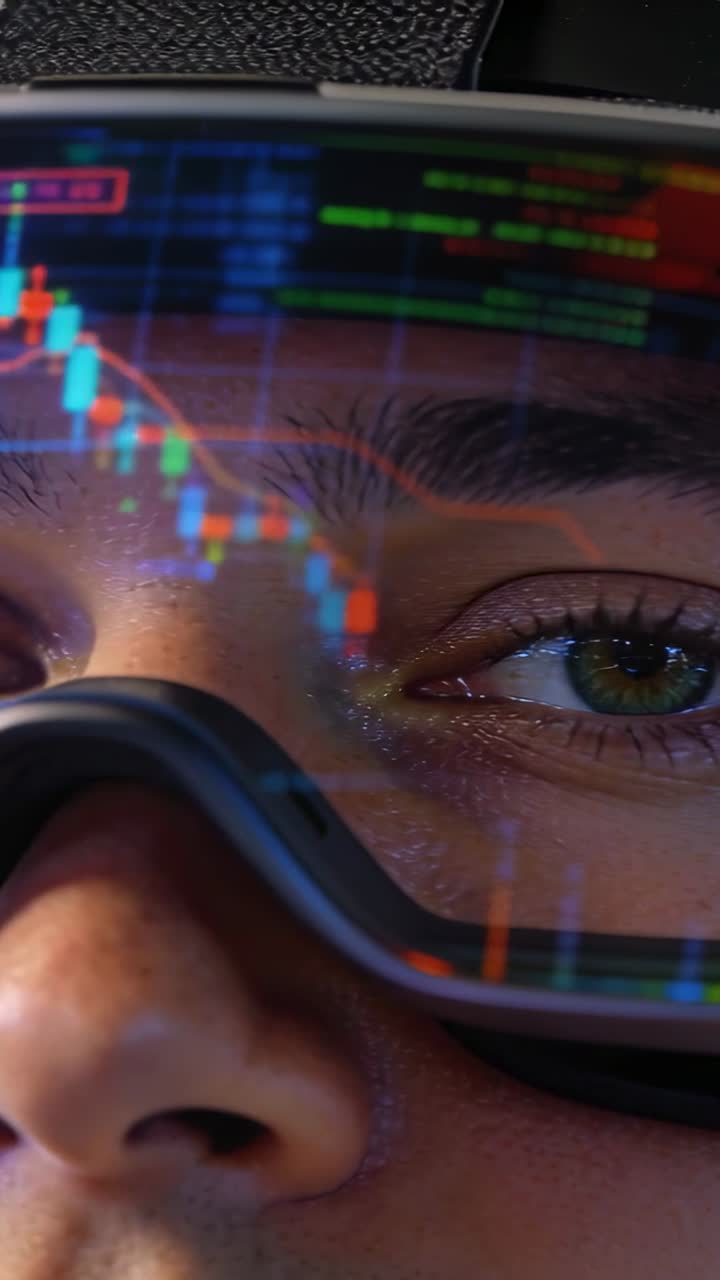 Vertical video: Male trader leaning while screen updating, charts showing across goggles to trade