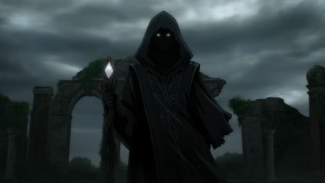 a dark sorcerer with glowing eyes in ancient ruins