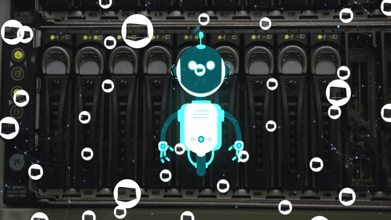 Animation of ai chat bot and icons over computer server background
