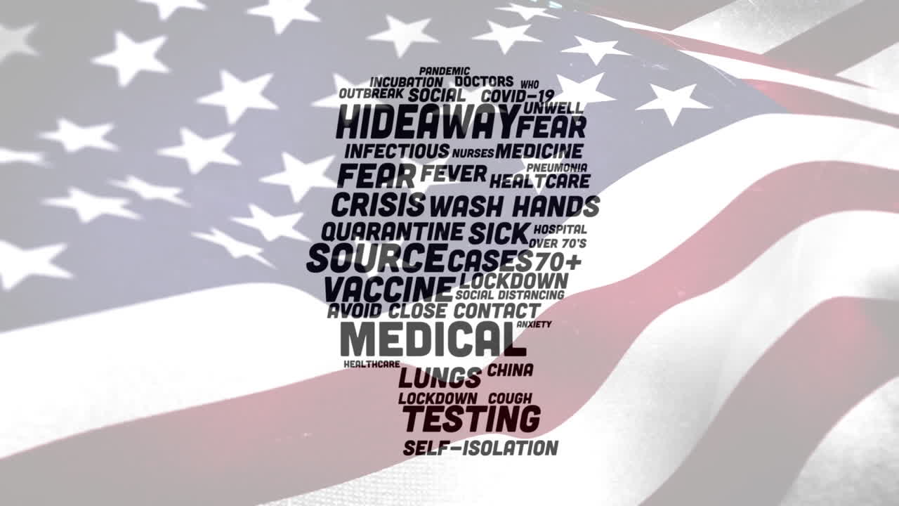 코로나19 콘셉트 텍스트는 우리를 반대하는 얼굴을 형성하고 발을 흔들고 있습니다.