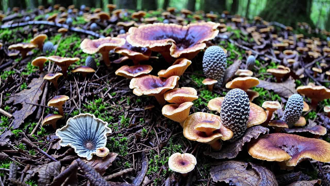 森の地面に生える様々なキノコのローアングル動画。鮮やかな色彩と質感を表現しています