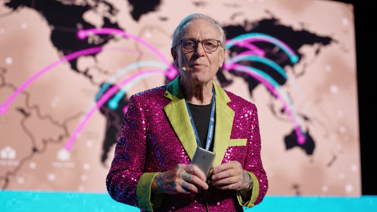 Enthusiastic Speaker Presenting Innovative Ideas on Global Connectivity While Dressed in Sparkling Attire with a World Map in the Background.