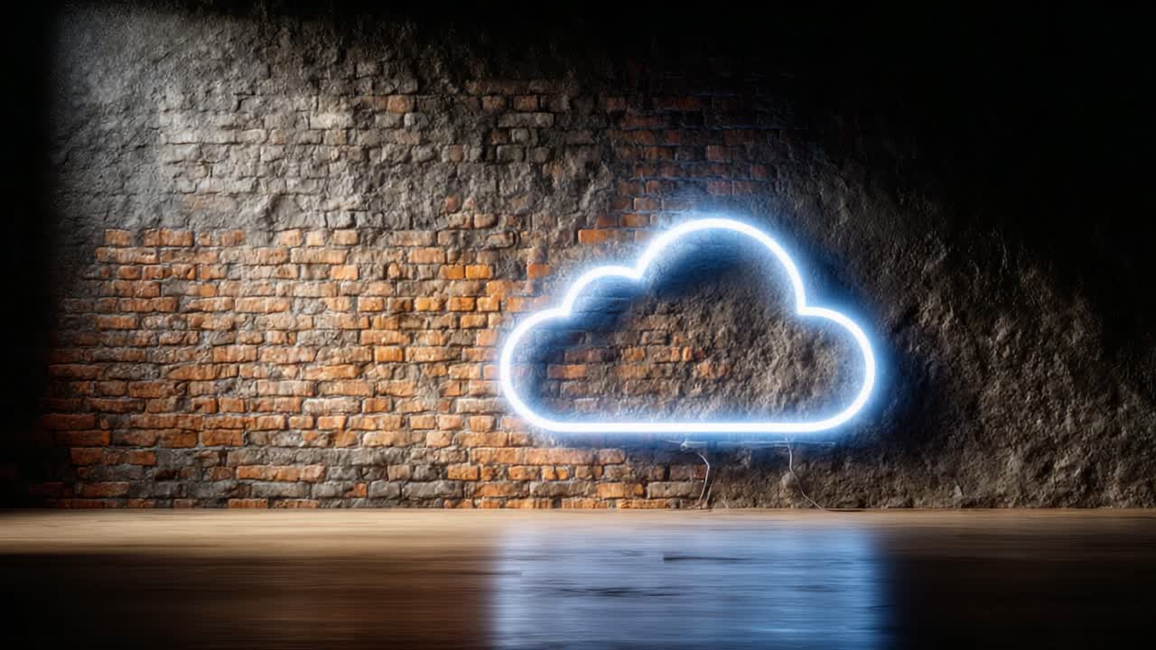 Illuminated Cloud Neon Sign Against Textured Brick Wall, Capturing the Fusion of Modern Design with Urban Aesthetics in a Dimly Lit Space