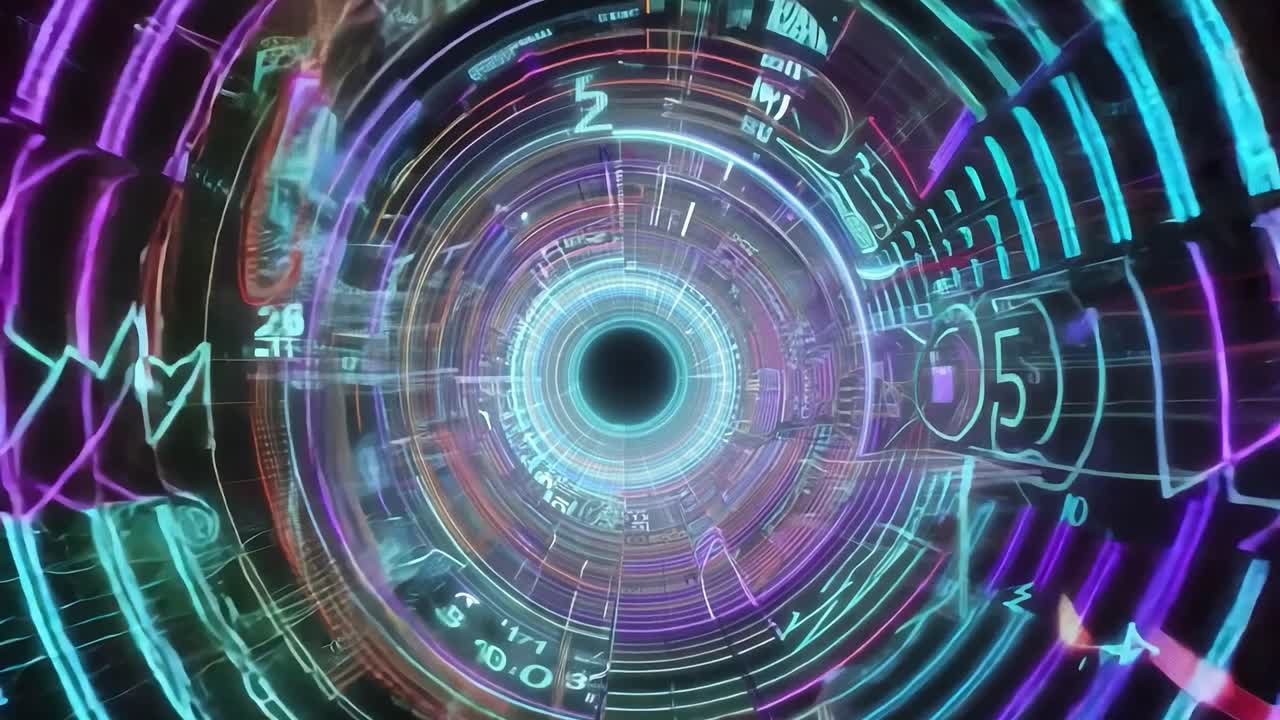 Numbers and symbols spin together, creating a mesmerizing tunnel effect filled with vibrant colors and dynamic motion