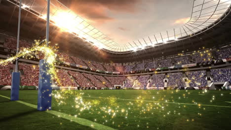 sparkling animation over rugby stadium with glowing goalpost and cheering crowd