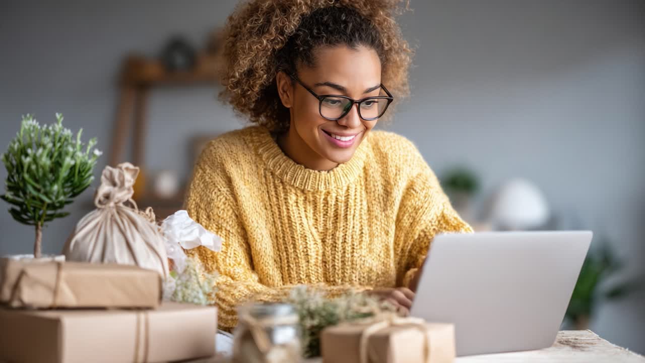A joyful woman in a cozy yellow sweater smiles while typing on a laptop surrounded by beautifully wrapped gifts, embodying the spirit of celebration and creativity