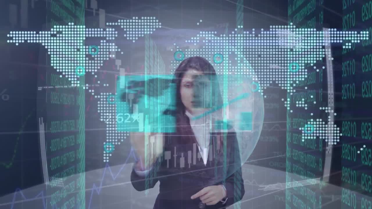 animación de gráfico con procesamiento de datos y mapa del mundo sobre mujer de negocios caucásica