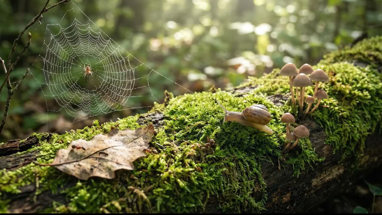 Lumaca che striscia su un tronco muschioso con ragnatela e funghi nella foresta