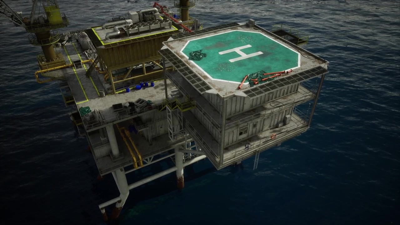 Silent illuminated platform bright floodlights light offshore helipad