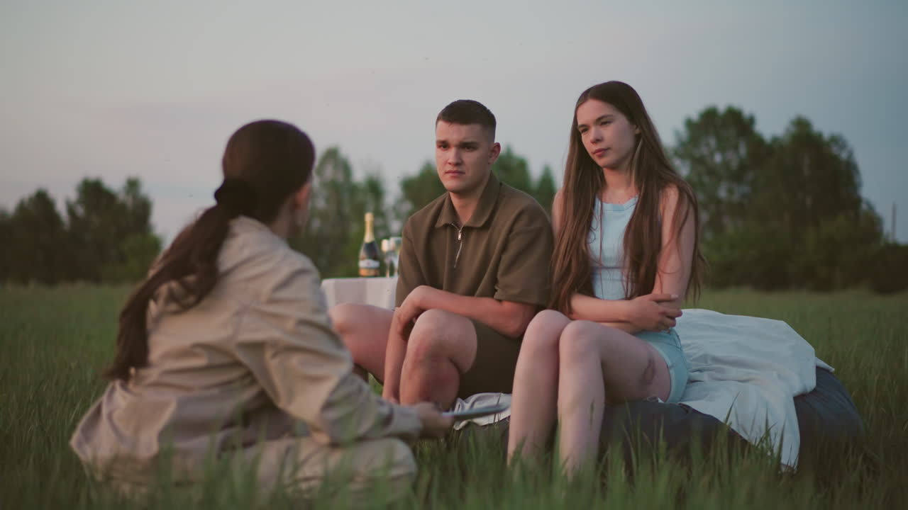 rear view of person speaking to couple sitting in grassy field as man raises hand swatting at insect flying near bottle on table while woman listens attentively under soft evening sky glow