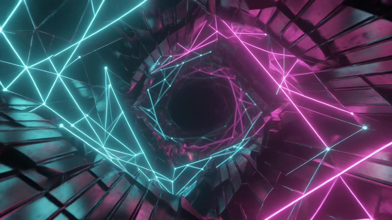 Abstract 3D Tunnel with Glowing Neon Geometric Lines