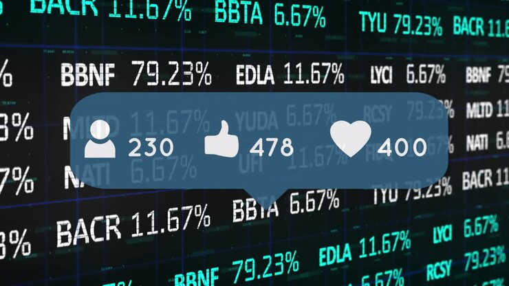Animation af ikoner for sociale medier og stigende tal, over finansiel databehandling af aktier