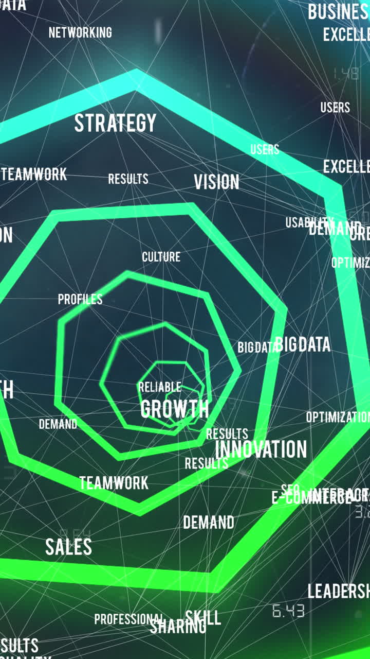 animación de formas geométricas de neón azul y verde sobre una red de conexiones
