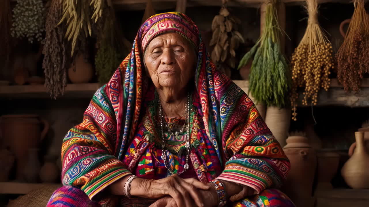 Elderly Indigenous Woman in Vibrant Traditional Attire with Herbal Background