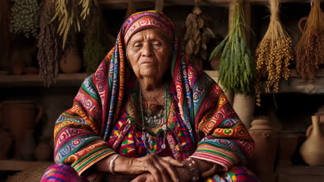 elderly indigenous woman in vibrant traditional attire with herbal background