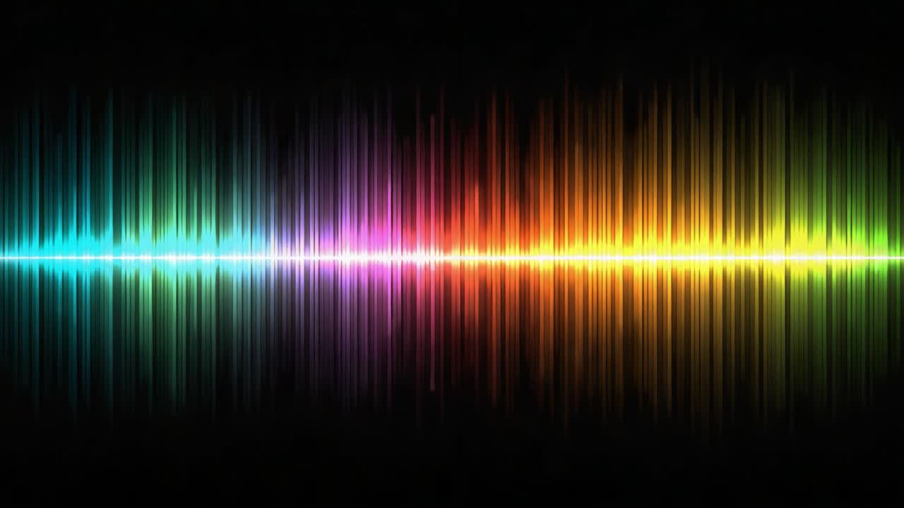 Vibrant Spectrum of Sound Waves Visualized: A Colorful Audio Waveform Display Green to Yellow Transitions in Rhythm and Melody with Bouncing Light Reflections