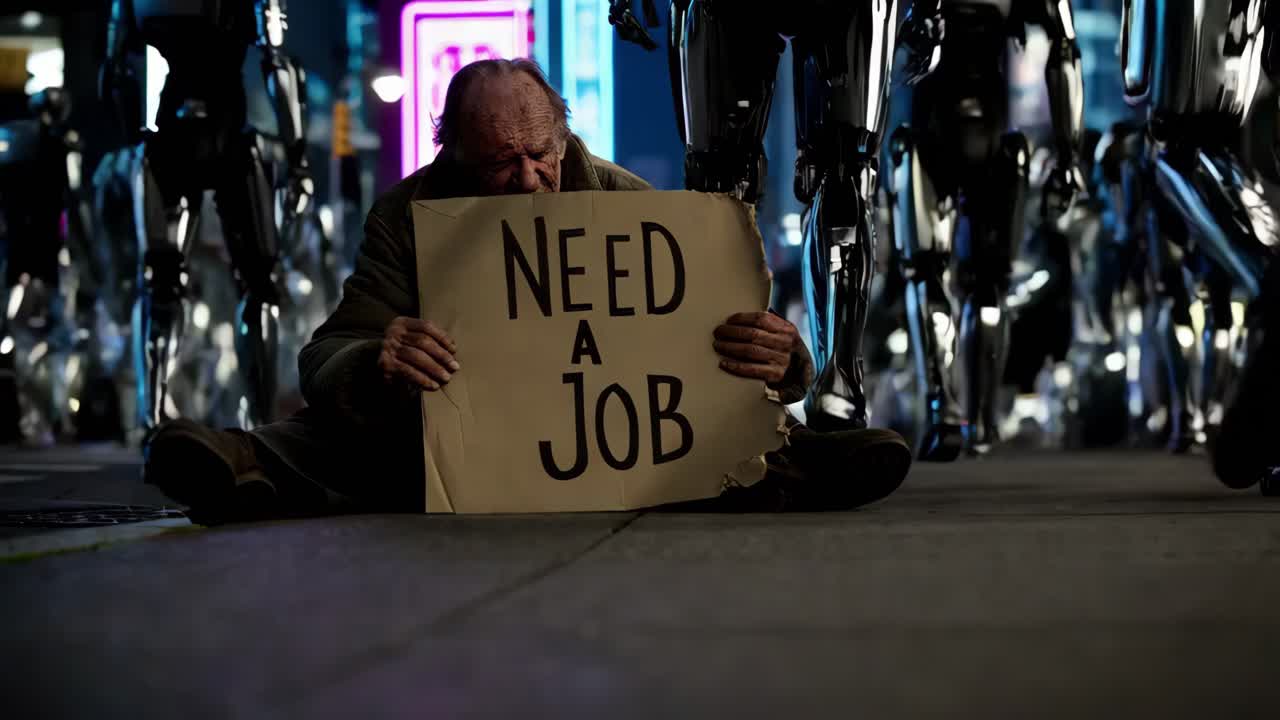 Old Man Begging for Job in a Futuristic City Surrounded by Robots