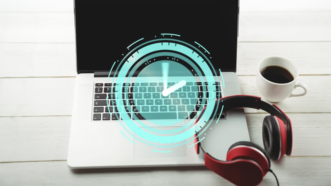 animación del reloj moviéndose sobre el escritorio con auriculares y computadora portátil