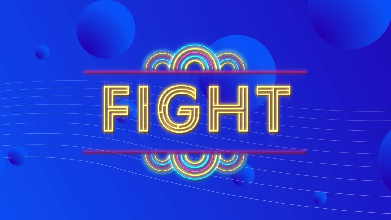 네온의 디지털 애니메이션은 파란색 배경의 둥근 모양에 맞서 텍스트를 싸 ⁇ 니다.