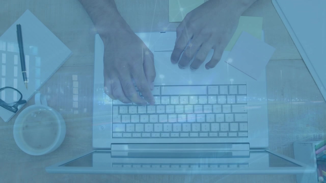Animation of financial data processing over businessman using computer in office